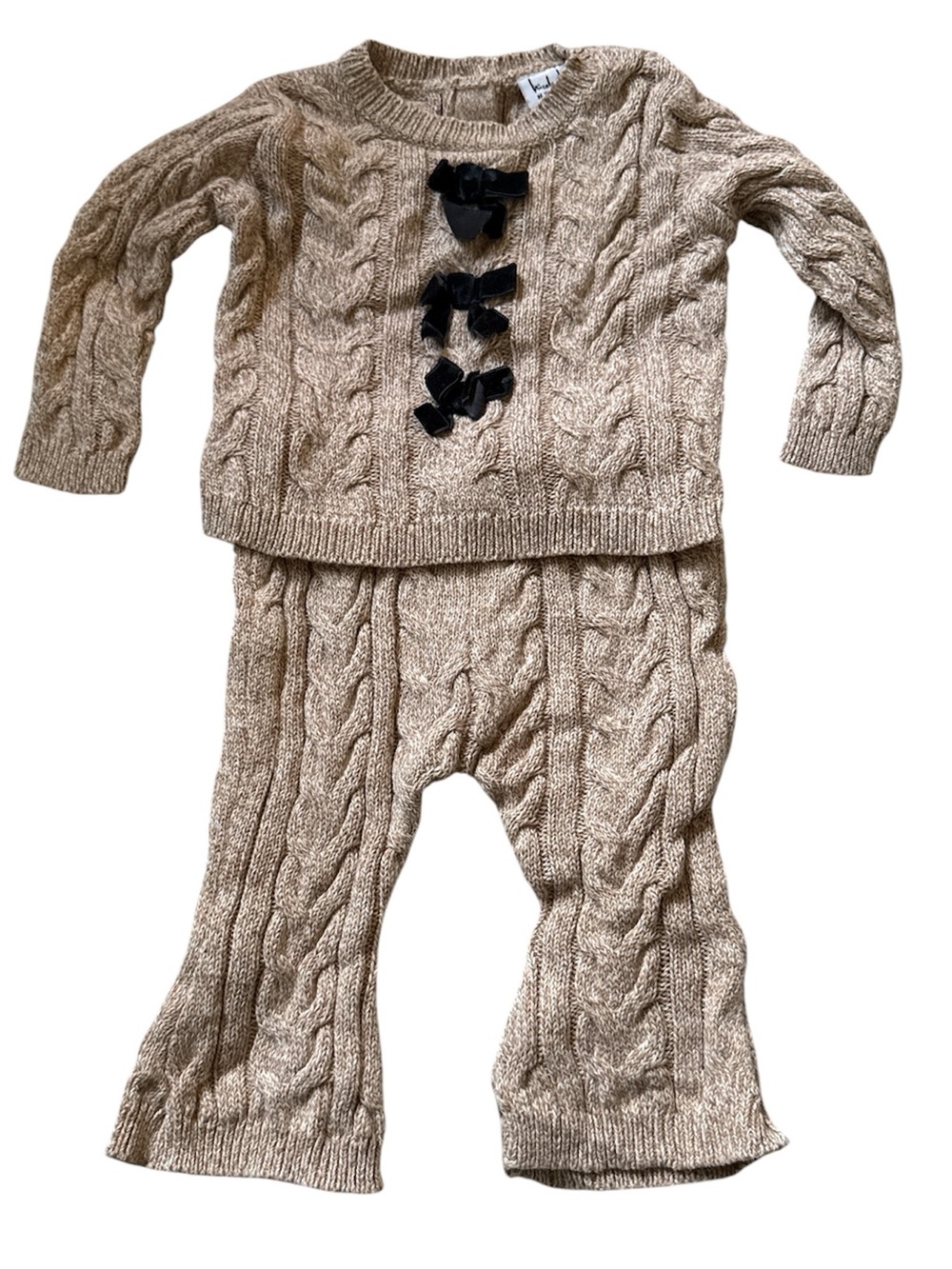 Nicole Miller Cable Knit Two-Piece Set with Black Bows - Beige
